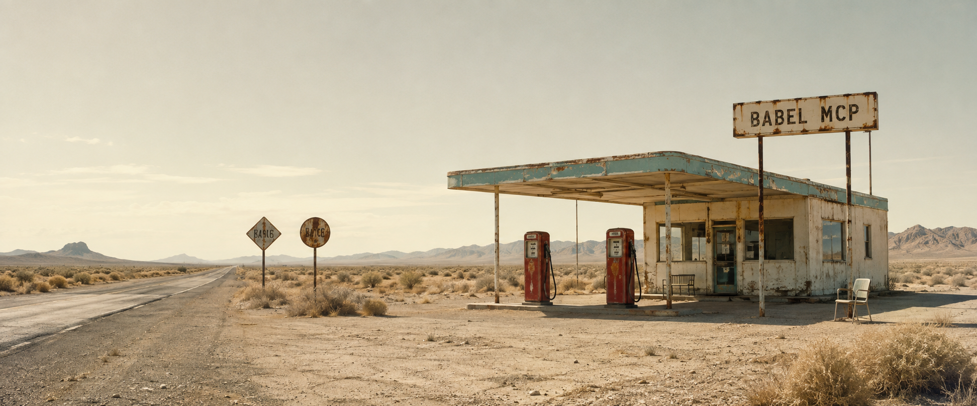 A weathered gas station beside an empty desert highway, with red pumps, faded turquoise paint, and tumbleweeds.