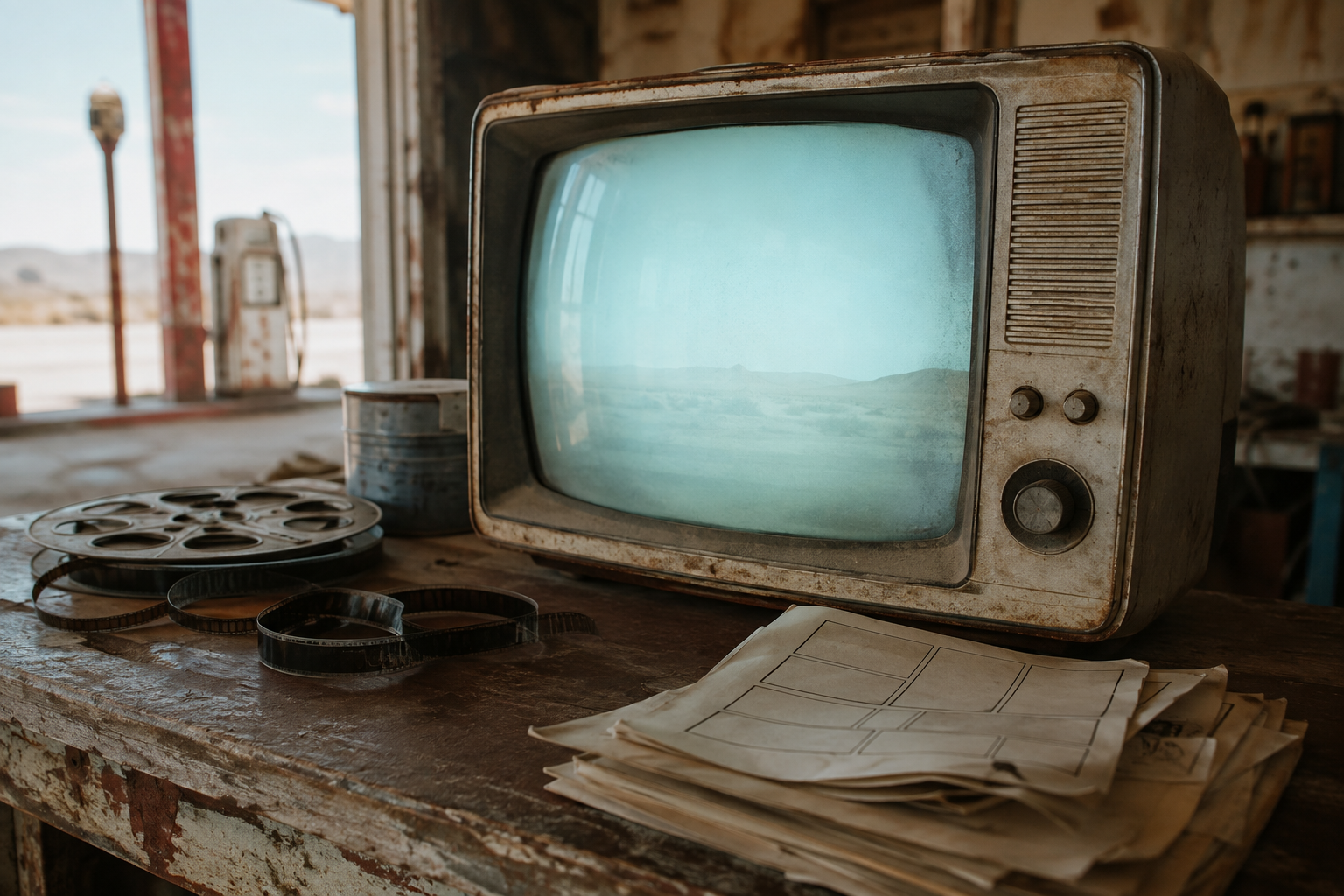 A dusty television on an old workbench beside a film reel and worn comic pages.